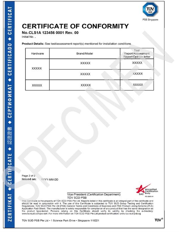 TUV SUD PSB PLS - Certificate of Conformity (Appendix)