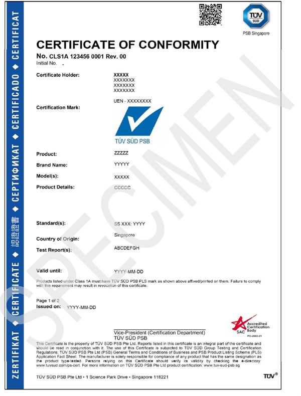 TUV SUD PSB PLS - Certificate of Conformity