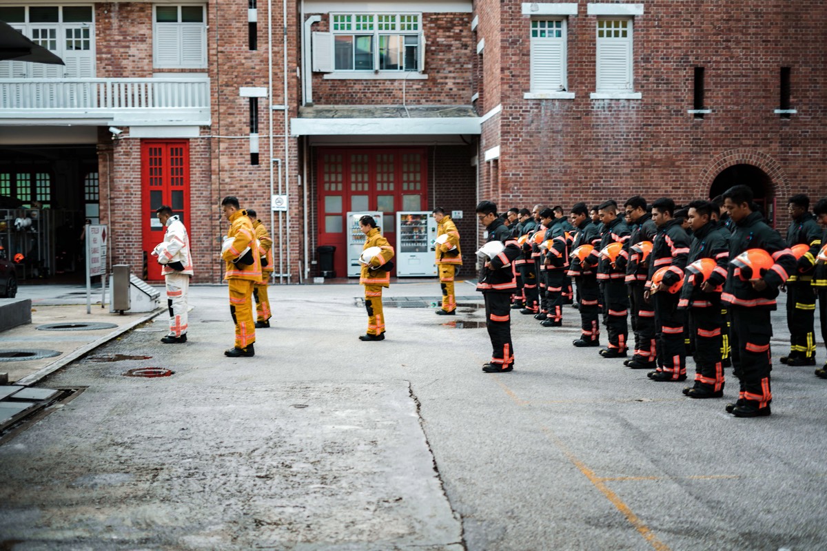 SCDF officers from Central Fire Station observing a moment of silence on International Firefighters’ Day.