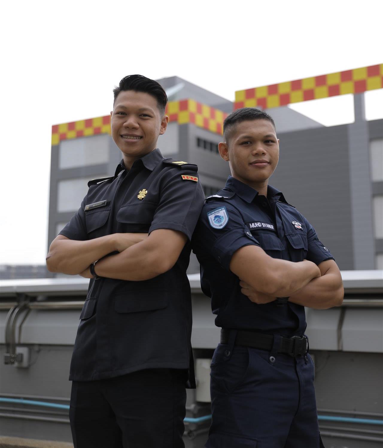 SGT3 Syahrir (left) is an Emergency Medical Technician section commander from Yishun Fire Station while SGT2 Syahkir (right) is a Fire & Rescue Specialist from Kallang Fire Station.
