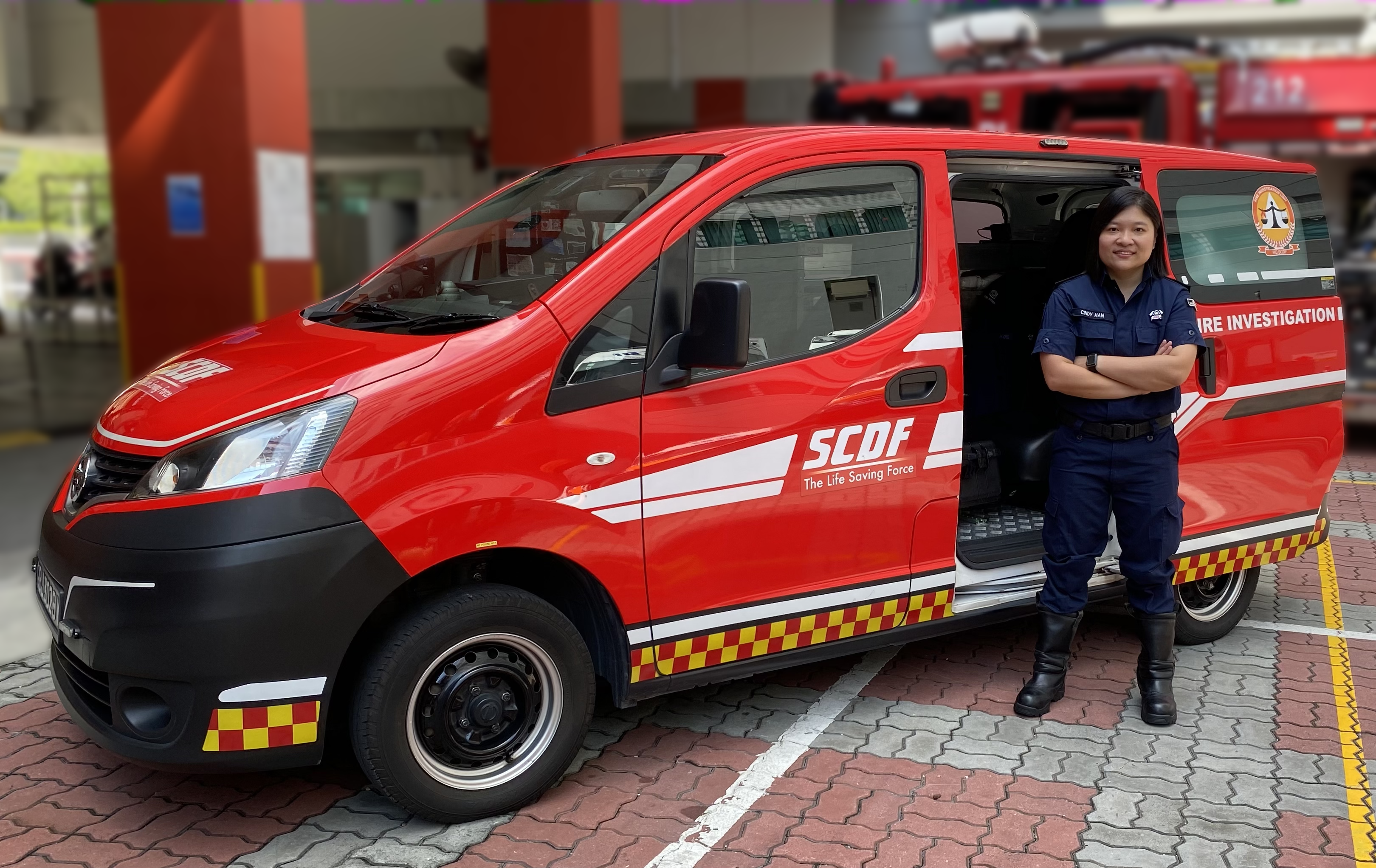 Captain (CPT) Cindy Han and the SCDF Fire Investigation Vehicle