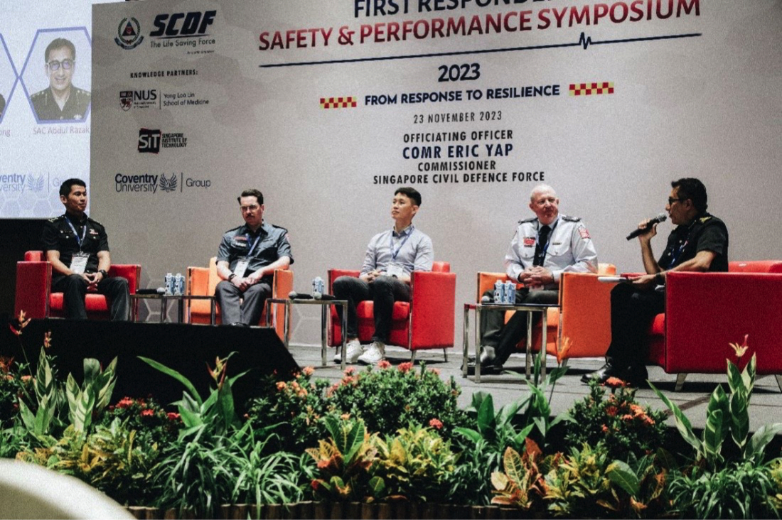 Panellists from SCDF, Fire & Rescue New South Wales (Australia), National University of Singapore, and Ambulance Victoria (Melbourne, Australia) sharing their insights at the First Responders Safety and Performance Symposium 2023